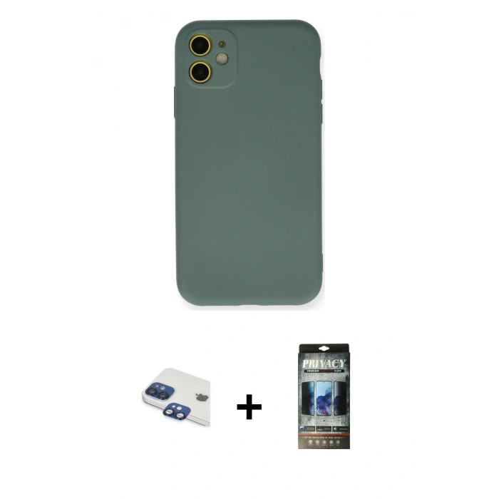 MARSİLYAN™- iPhone 11 Kılıf Ahenk Serisi - Siyah 34D Hayalet Izgaralı Cam + Pers Alüminyum Kamera Lens - LT