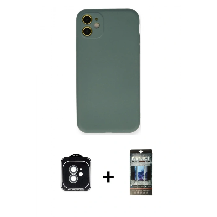 MARSİLYAN™- iPhone 11 Kılıf Ahenk Serisi - Siyah 34D Hayalet Izgaralı Cam + PVD Metal Kamera Lens - YL