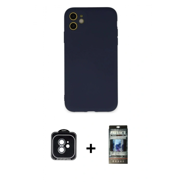 MARSİLYAN™- iPhone 11 Kılıf Ahenk Serisi - Siyah 34D Hayalet Izgaralı Cam + PVD Metal Kamera Lens - YL
