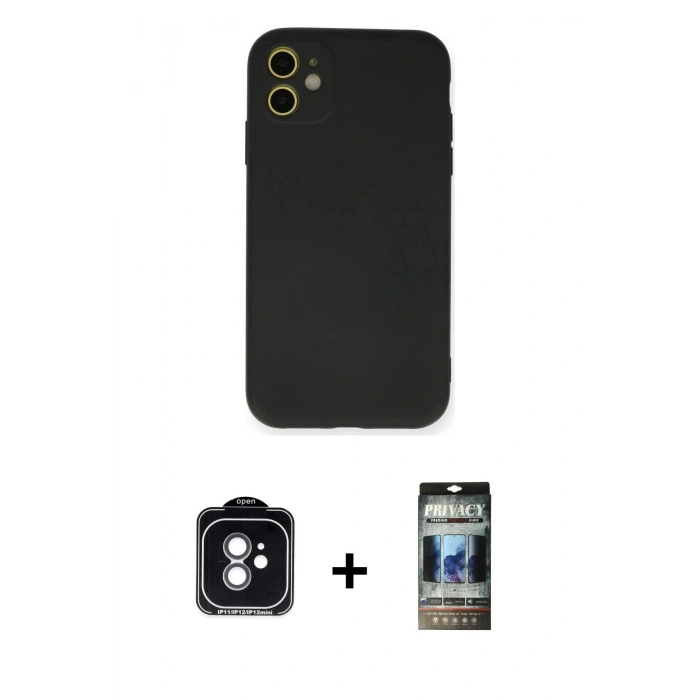 MARSİLYAN™- iPhone 11 Kılıf Ahenk Serisi - Siyah 34D Hayalet Izgaralı Cam + PVD Metal Kamera Lens - YL