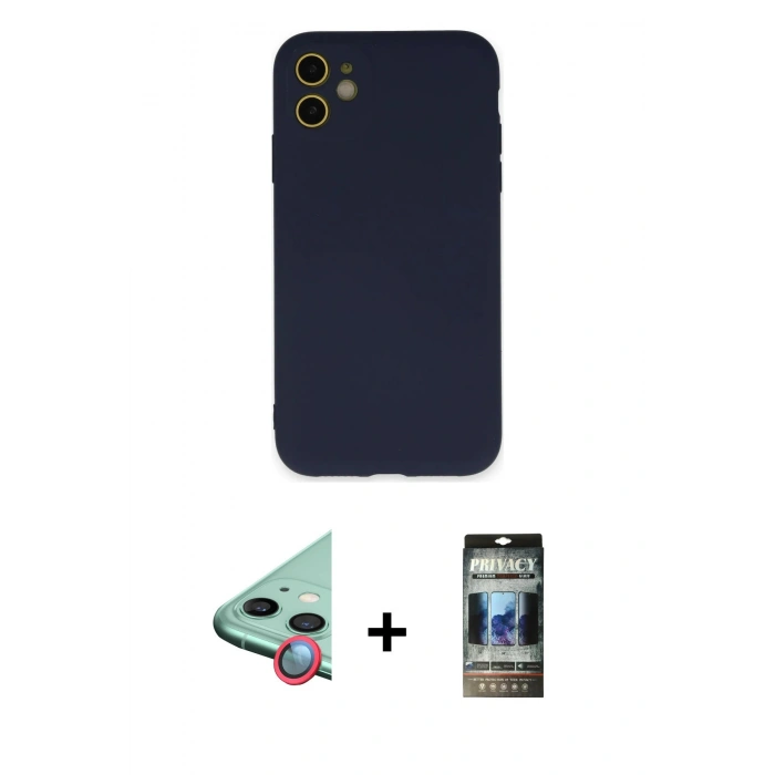 MARSİLYAN™- iPhone 11 Kılıf Ahenk Serisi - Siyah 34D Hayalet Izgaralı Cam + Raze Metal Kamera Lens - KI