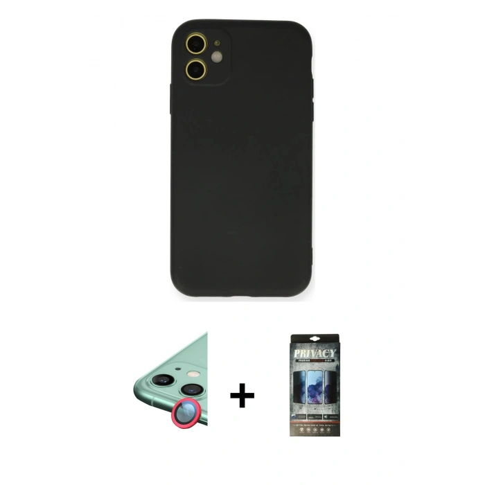 MARSİLYAN™- iPhone 11 Kılıf Ahenk Serisi - Siyah 34D Hayalet Izgaralı Cam + Raze Metal Kamera Lens - KI