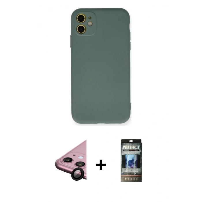 MARSİLYAN™- iPhone 11 Kılıf Ahenk Serisi - Siyah 34D Hayalet Izgaralı Cam + Raze Metal Kamera Lens - SH