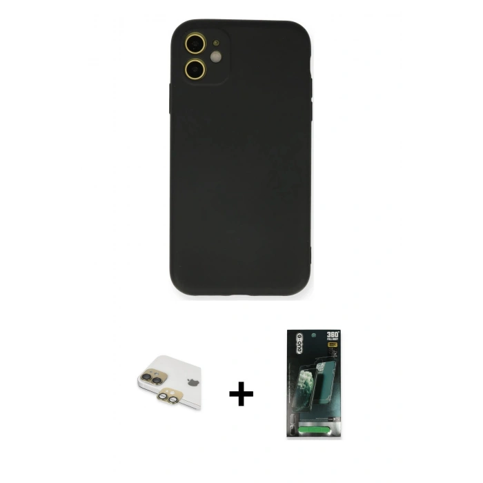 MARSİLYAN™- iPhone 11 Kılıf Ahenk Serisi - Siyah 360 Mat Full Body Arka Koruyucu + Pers Alüminyum Kamera Lens - GD