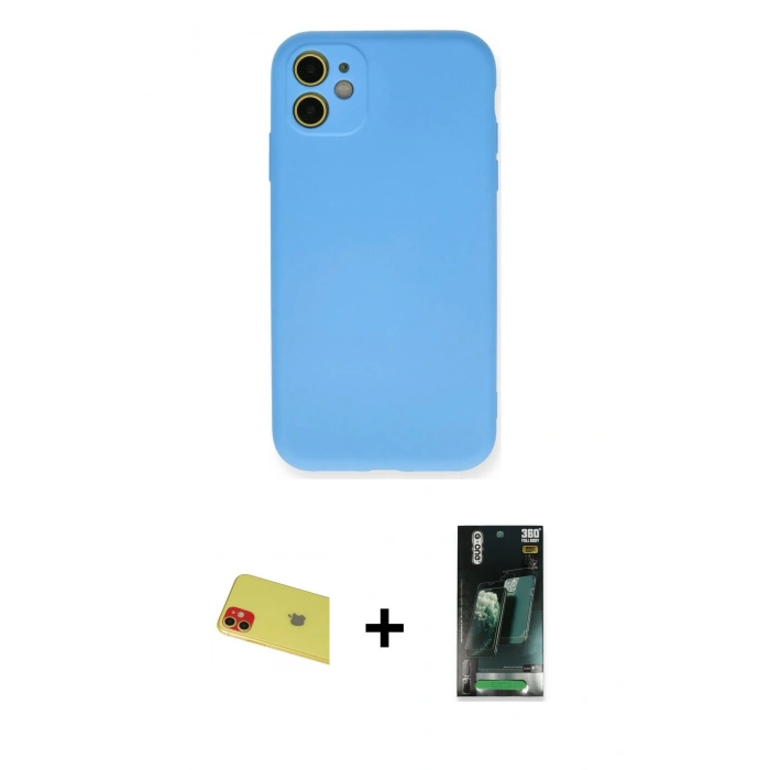 MARSİLYAN™- iPhone 11 Kılıf Ahenk Serisi - Siyah 360 Mat Full Body Arka Koruyucu + Rainbow Kamera Lens Koruma Cam - KI