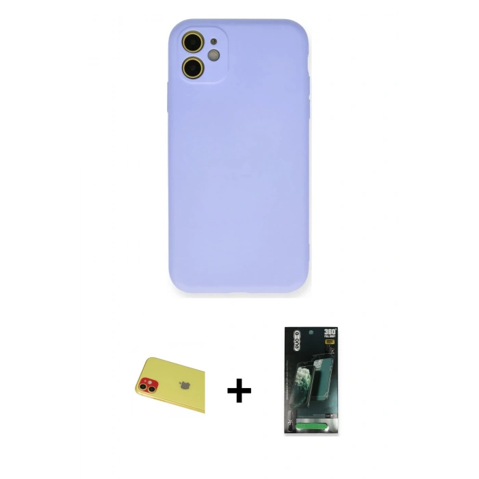 MARSİLYAN™- iPhone 11 Kılıf Ahenk Serisi - Siyah 360 Mat Full Body Arka Koruyucu + Rainbow Kamera Lens Koruma Cam - KI