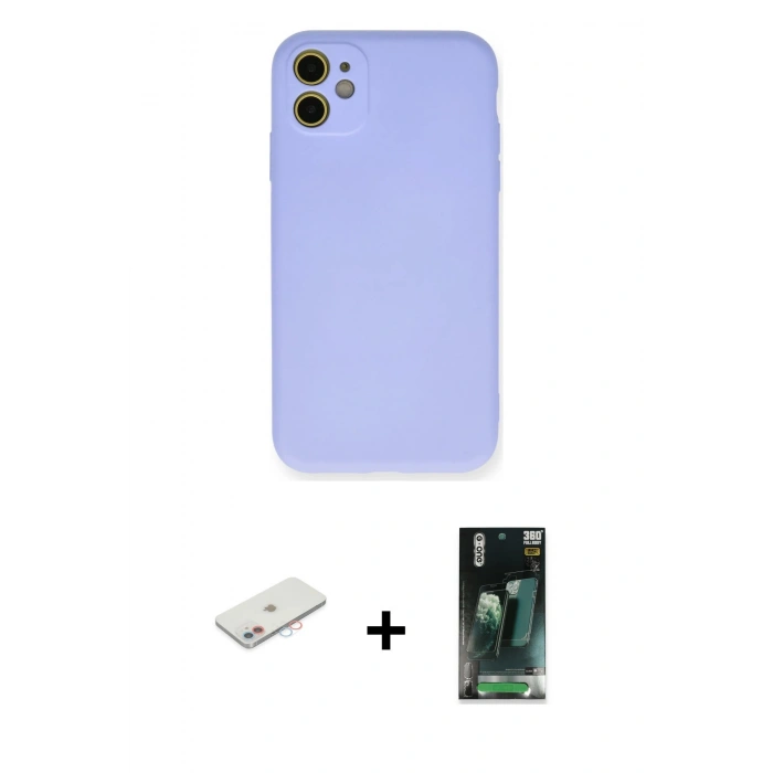 MARSİLYAN™- iPhone 11 Kılıf Ahenk Serisi - Siyah 360 Mat Full Body Arka Koruyucu + Renkli Kamera Lens Koruma Cam - PE