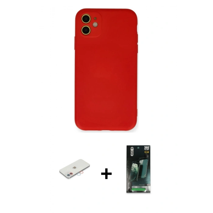 MARSİLYAN™- iPhone 11 Kılıf Ahenk Serisi - Siyah 360 Mat Full Body Arka Koruyucu + Renkli Kamera Lens Koruma Cam - PE