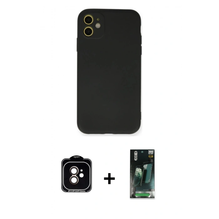 MARSİLYAN™- iPhone 11 Kılıf Ahenk Serisi - Siyah 360 Mat Full Body Arka Koruyucu + PVD Metal Kamera Lens - TU