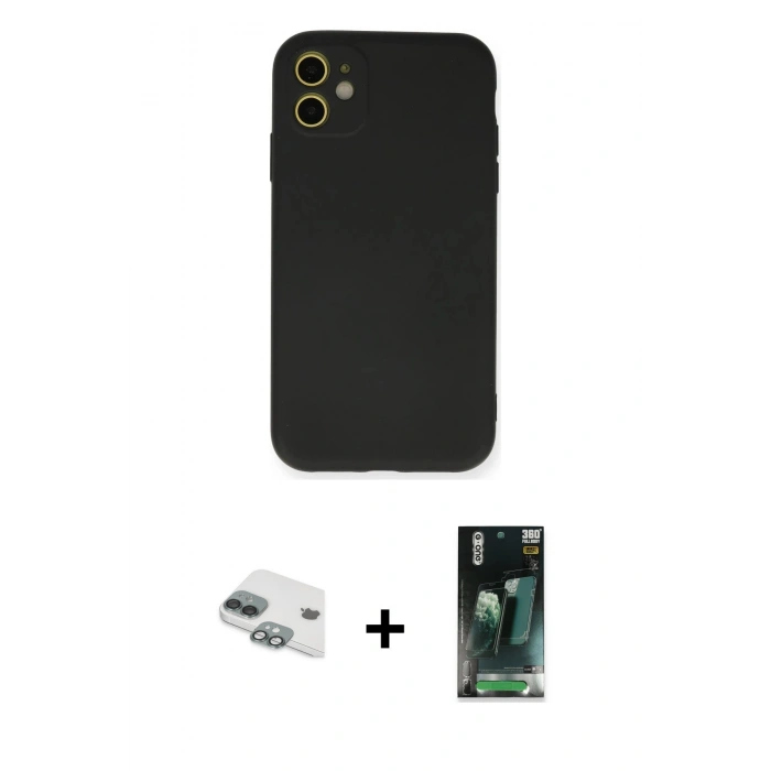 MARSİLYAN™- iPhone 11 Kılıf Ahenk Serisi - Siyah 360 Mat Full Body Arka Koruyucu + Pers Alüminyum Kamera Lens - YL
