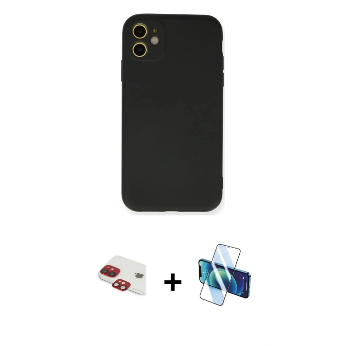 MARSİLYAN™- iPhone 11 Kılıf Ahenk Serisi - Siyah 3D Antistatik Cam Ekran Koruyucu + Pers Alüminyum Kamera Lens - KI