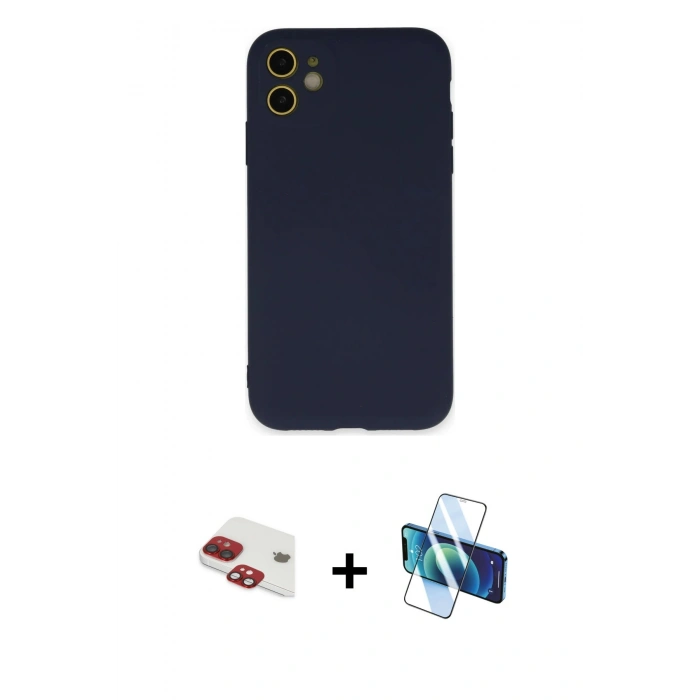 MARSİLYAN™- iPhone 11 Kılıf Ahenk Serisi - Siyah 3D Antistatik Cam Ekran Koruyucu + Pers Alüminyum Kamera Lens - KI