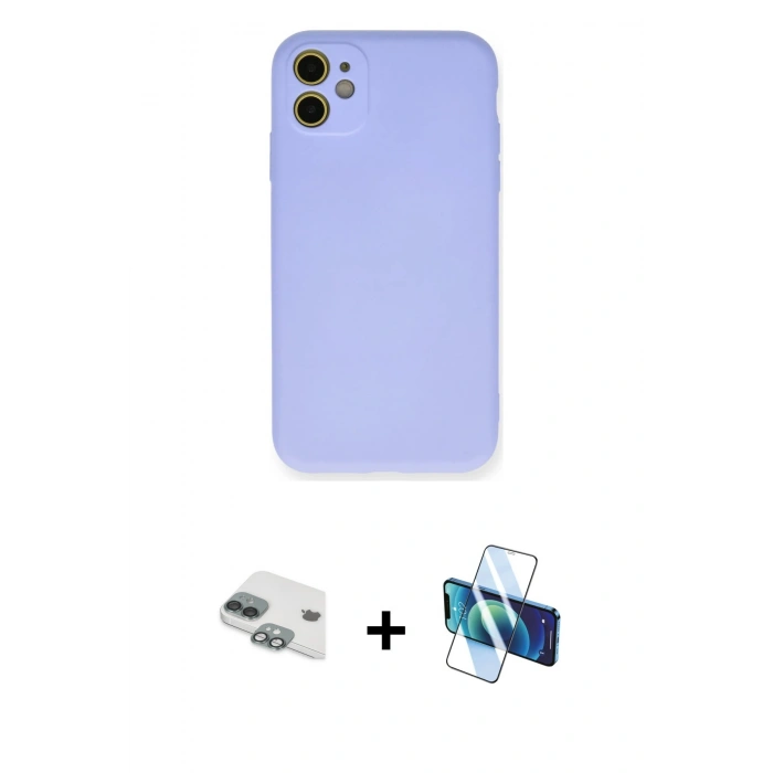 MARSİLYAN™- iPhone 11 Kılıf Ahenk Serisi - Siyah 3D Antistatik Cam Ekran Koruyucu + Pers Alüminyum Kamera Lens - YL