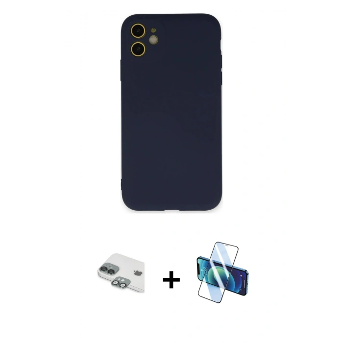 MARSİLYAN™- iPhone 11 Kılıf Ahenk Serisi - Siyah 3D Antistatik Cam Ekran Koruyucu + Pers Alüminyum Kamera Lens - YL
