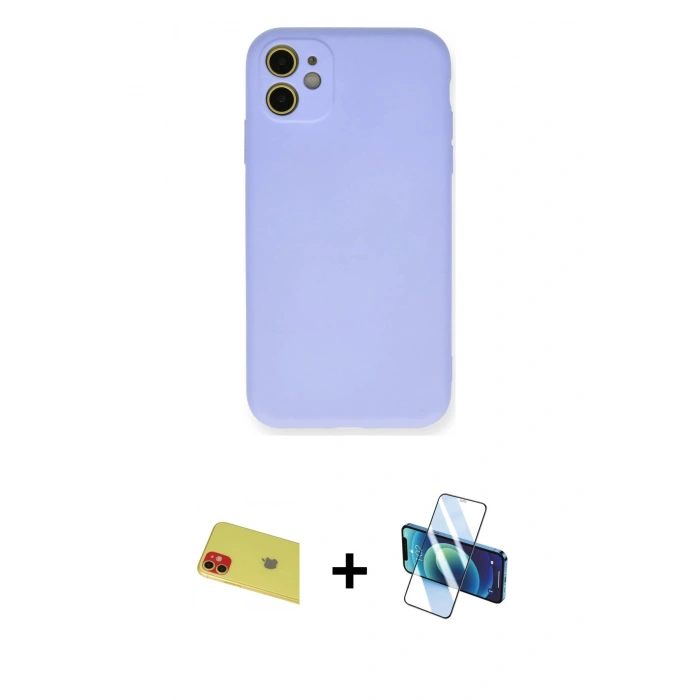 MARSİLYAN™- iPhone 11 Kılıf Ahenk Serisi - Siyah 3D Antistatik Cam Ekran Koruyucu + Rainbow Kamera Lens Koruma Cam - KI