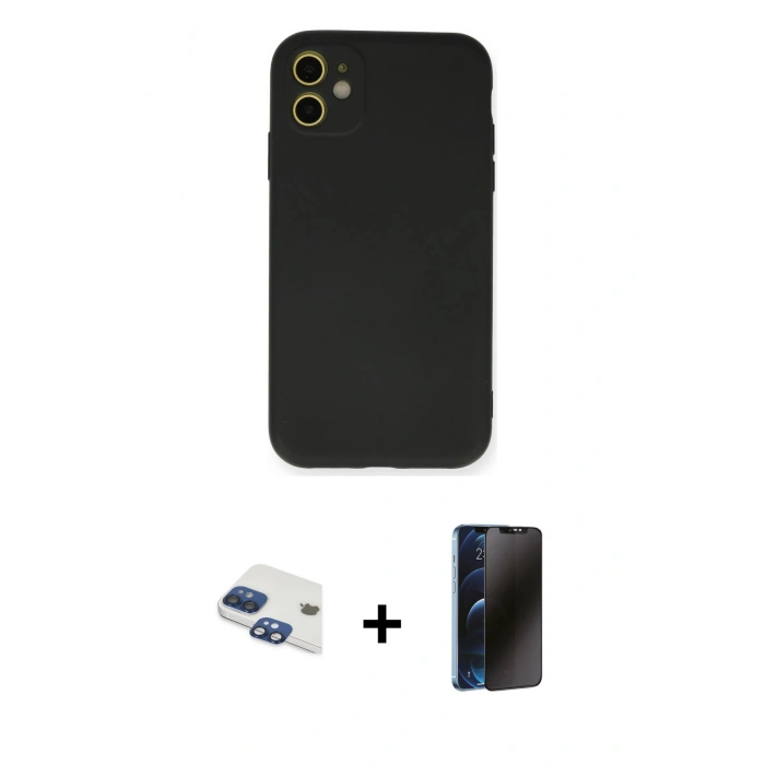 MARSİLYAN™- iPhone 11 Kılıf Ahenk Serisi - Siyah 3D Antistatik Hayalet Cam Ekran Koruyucu + Pers Alüminyum Kamera Lens - LT
