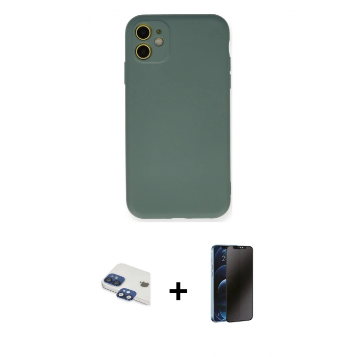 MARSİLYAN™- iPhone 11 Kılıf Ahenk Serisi - Siyah 3D Antistatik Hayalet Cam Ekran Koruyucu + Pers Alüminyum Kamera Lens - LT
