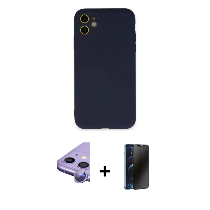 MARSİLYAN™- iPhone 11 Kılıf Ahenk Serisi - Siyah 3D Antistatik Hayalet Cam Ekran Koruyucu + Raze Metal Kamera Lens - MR