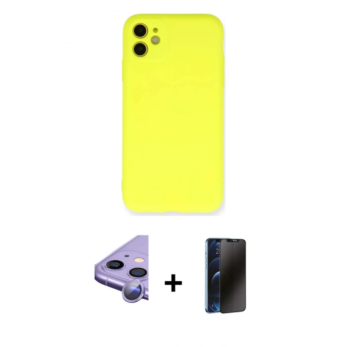 MARSİLYAN™- iPhone 11 Kılıf Ahenk Serisi - Siyah 3D Antistatik Hayalet Cam Ekran Koruyucu + Raze Metal Kamera Lens - MR