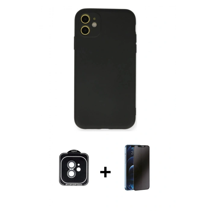 MARSİLYAN™- iPhone 11 Kılıf Ahenk Serisi - Siyah 3D Antistatik Hayalet Cam Ekran Koruyucu + PVD Metal Kamera Lens - YL