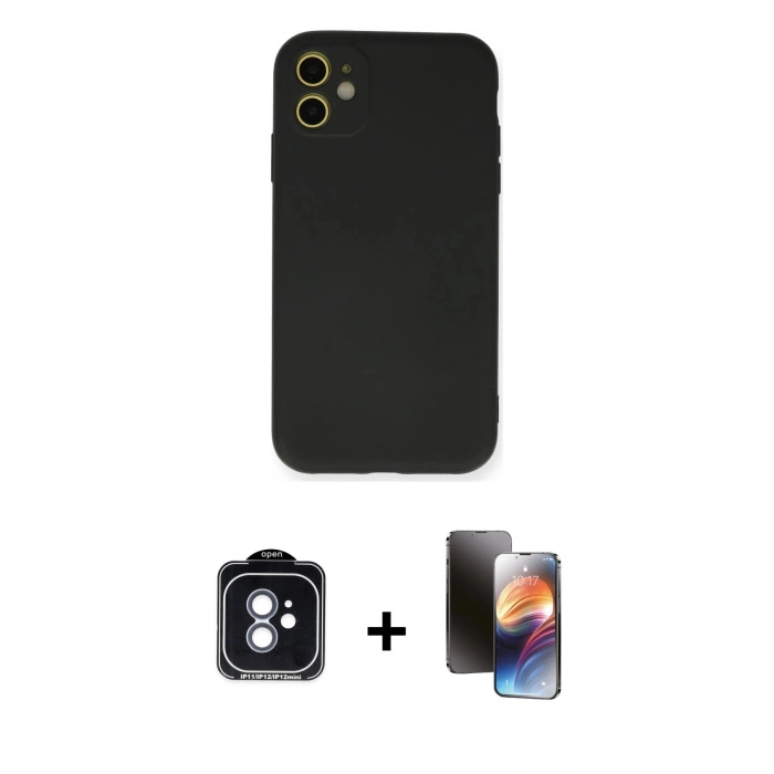 MARSİLYAN™- iPhone 11 Kılıf Ahenk Serisi - Siyah 3D Antistatik Mat Seramik Nano Ekran Koruyucu + PVD Metal Kamera Lens - MI