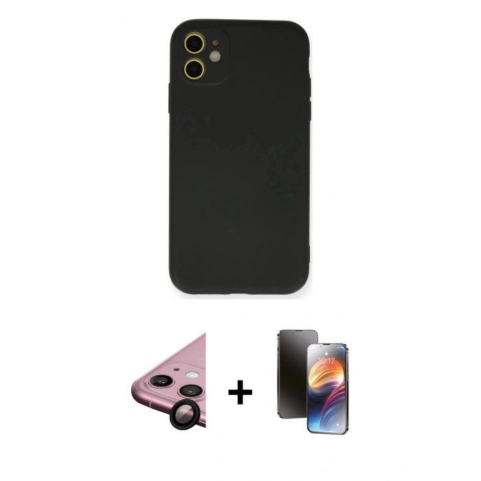 MARSİLYAN™- iPhone 11 Kılıf Ahenk Serisi - Siyah 3D Antistatik Mat Seramik Nano Ekran Koruyucu + Raze Metal Kamera Lens - SH