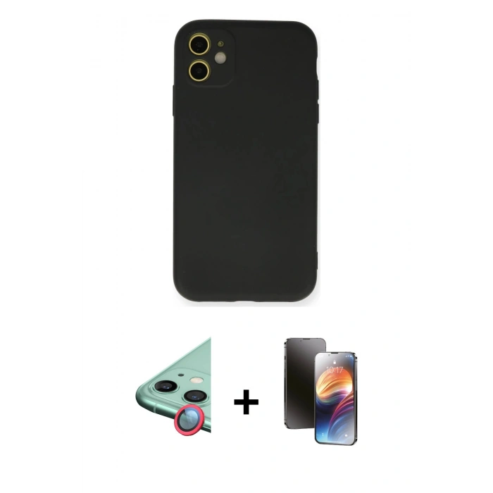 MARSİLYAN™- iPhone 11 Kılıf Ahenk Serisi - Siyah 3D Antistatik Mat Seramik Nano Ekran Koruyucu + Raze Metal Kamera Lens - KI