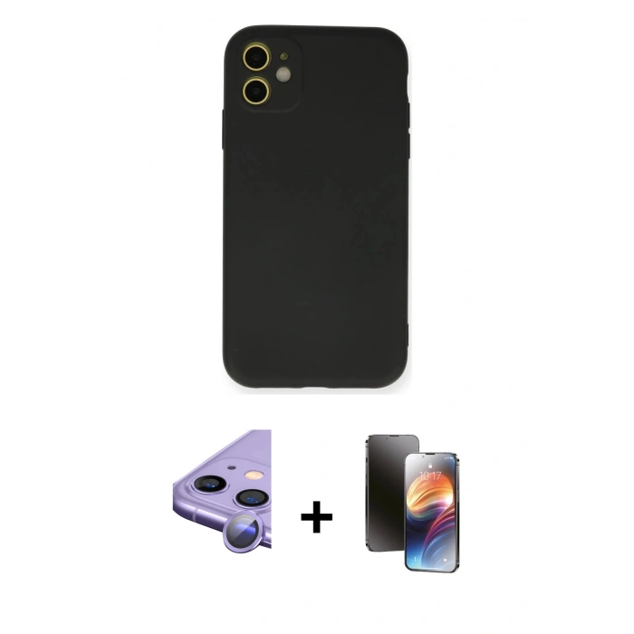 MARSİLYAN™- iPhone 11 Kılıf Ahenk Serisi - Siyah 3D Antistatik Mat Seramik Nano Ekran Koruyucu + Raze Metal Kamera Lens - MR