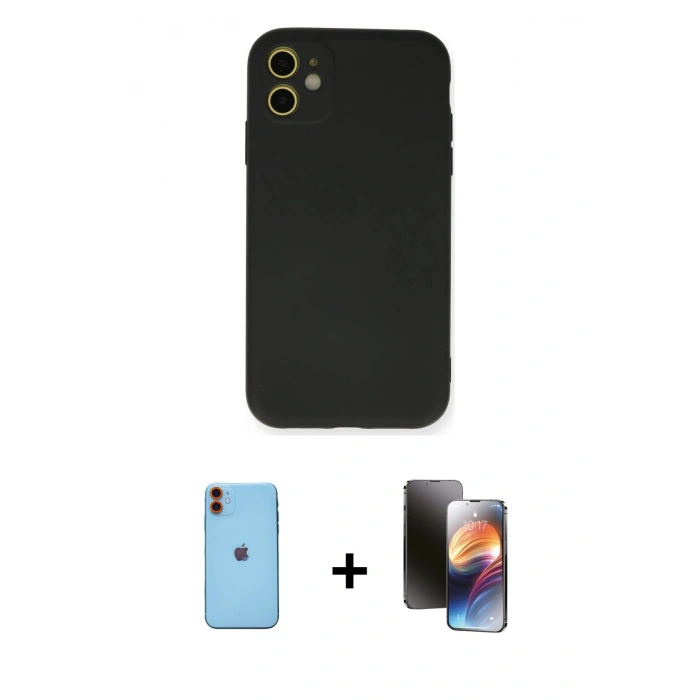 MARSİLYAN™- iPhone 11 Kılıf Ahenk Serisi - Siyah 3D Antistatik Mat Seramik Nano Ekran Koruyucu + Neon Fosforlu Kamera Lens - TU