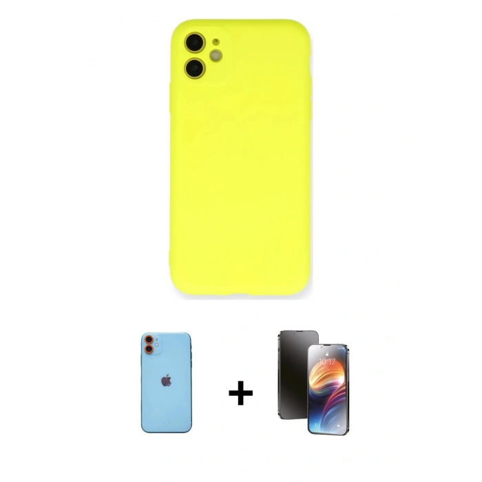 MARSİLYAN™- iPhone 11 Kılıf Ahenk Serisi - Siyah 3D Antistatik Mat Seramik Nano Ekran Koruyucu + Neon Fosforlu Kamera Lens - TU
