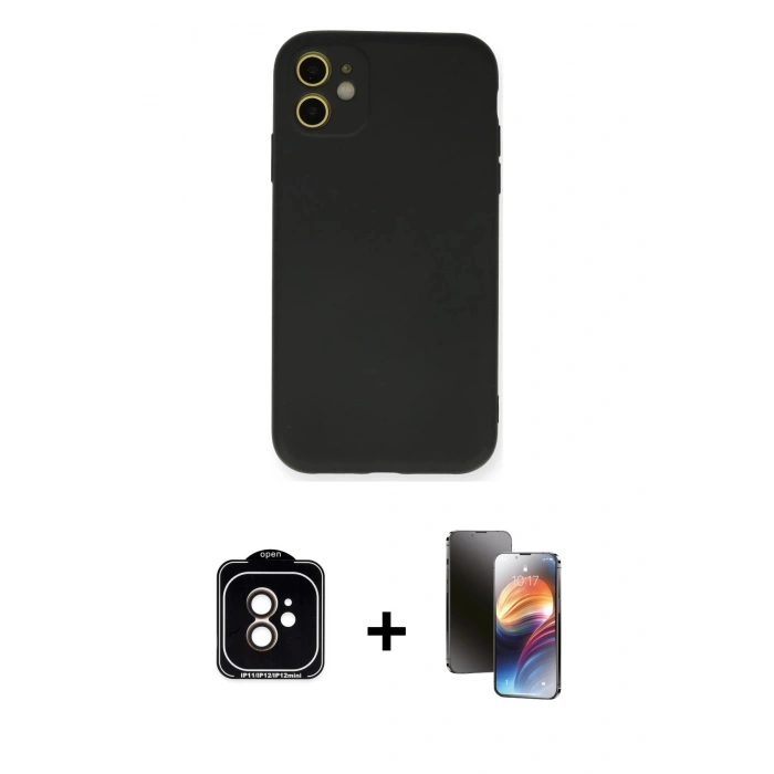 MARSİLYAN™- iPhone 11 Kılıf Ahenk Serisi - Siyah 3D Antistatik Mat Seramik Nano Ekran Koruyucu + PVD Metal Kamera Lens - TU