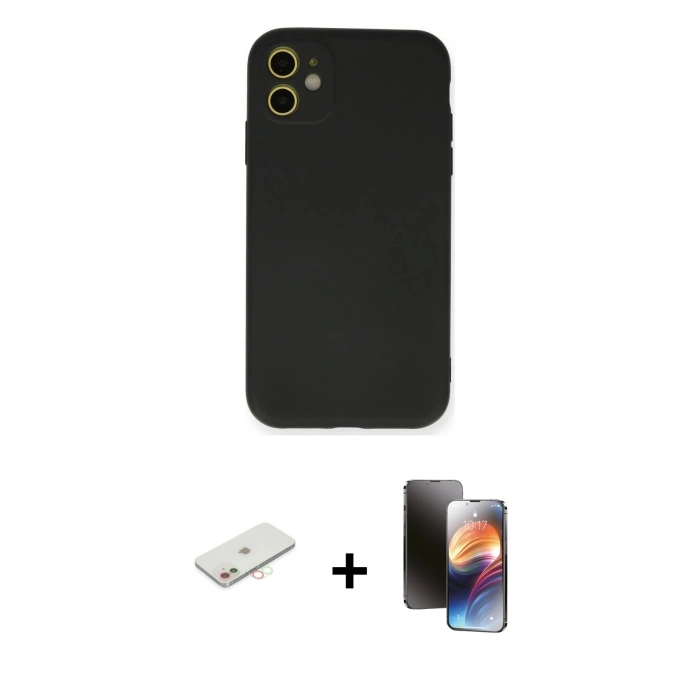 MARSİLYAN™- iPhone 11 Kılıf Ahenk Serisi - Siyah 3D Antistatik Mat Seramik Nano Ekran Koruyucu + Renkli Kamera Lens Koruma Cam - YL