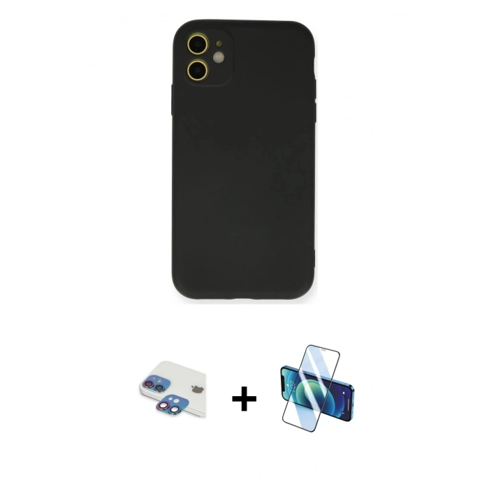 MARSİLYAN™- iPhone 11 Kılıf Ahenk Serisi - Siyah 3D Antistatik Seramik Nano Ekran Koruyucu + Pers Alüminyum Kamera Lens - GI