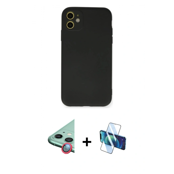 MARSİLYAN™- iPhone 11 Kılıf Ahenk Serisi - Siyah 3D Antistatik Seramik Nano Ekran Koruyucu + Raze Metal Kamera Lens - KI