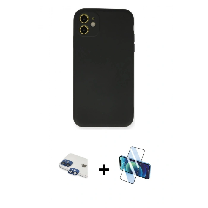MARSİLYAN™- iPhone 11 Kılıf Ahenk Serisi - Siyah 3D Antistatik Seramik Nano Ekran Koruyucu + Pers Alüminyum Kamera Lens - LT