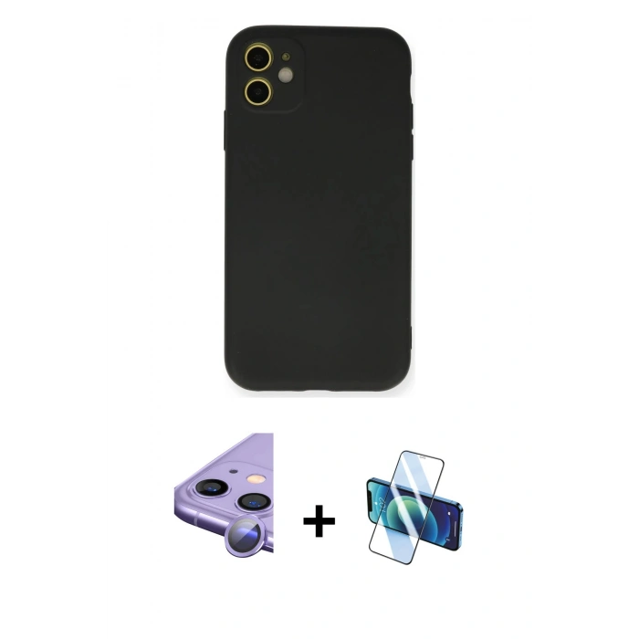 MARSİLYAN™- iPhone 11 Kılıf Ahenk Serisi - Siyah 3D Antistatik Seramik Nano Ekran Koruyucu + Raze Metal Kamera Lens - MR