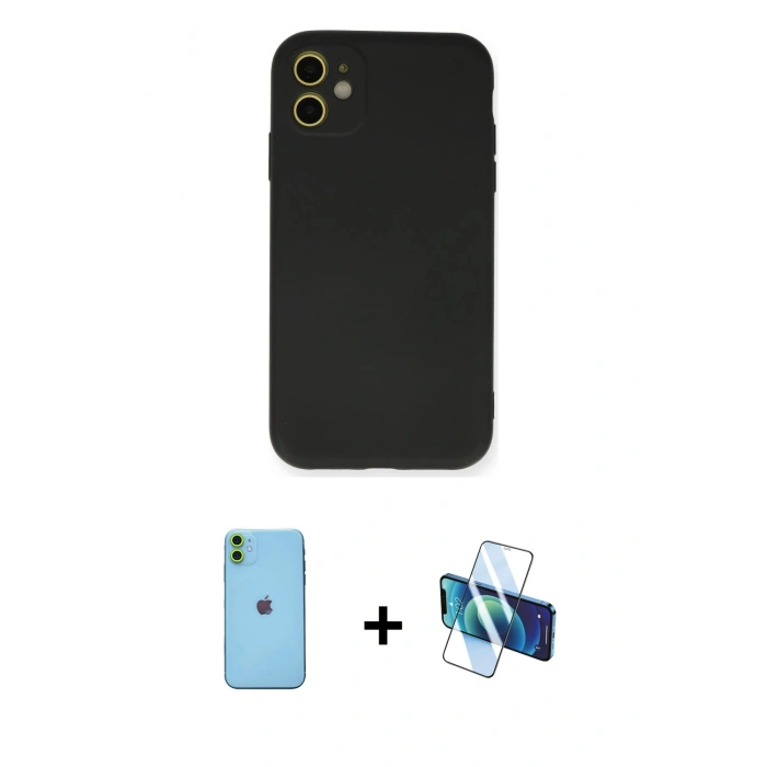MARSİLYAN™- iPhone 11 Kılıf Ahenk Serisi - Siyah 3D Antistatik Seramik Nano Ekran Koruyucu + Neon Fosforlu Kamera Lens - YL
