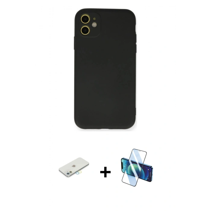 MARSİLYAN™- iPhone 11 Kılıf Ahenk Serisi - Siyah 3D Antistatik Seramik Nano Ekran Koruyucu + Renkli Kamera Lens Koruma Cam - SI