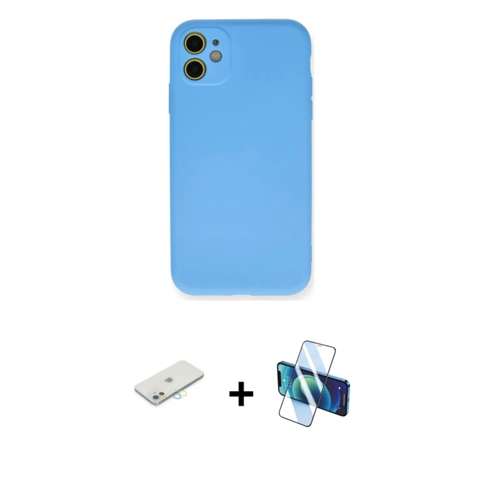 MARSİLYAN™- iPhone 11 Kılıf Ahenk Serisi - Siyah 3D Antistatik Seramik Nano Ekran Koruyucu + Renkli Kamera Lens Koruma Cam - SI