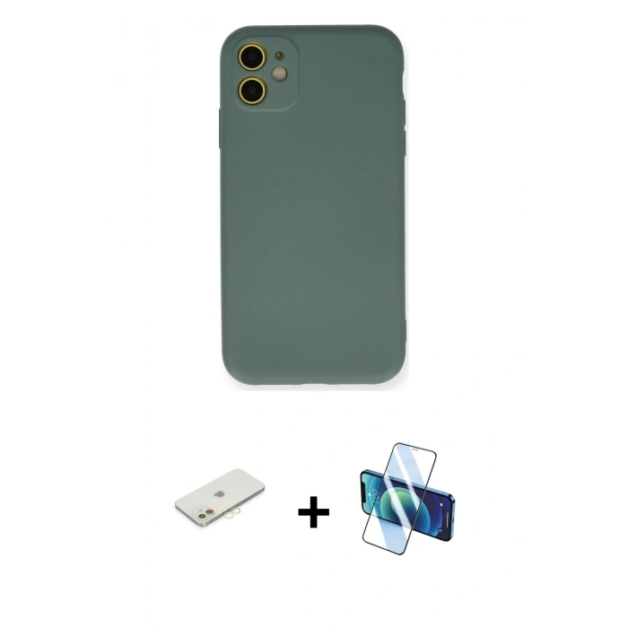 MARSİLYAN™- iPhone 11 Kılıf Ahenk Serisi - Siyah 3D Antistatik Seramik Nano Ekran Koruyucu + Renkli Kamera Lens Koruma Cam - TU
