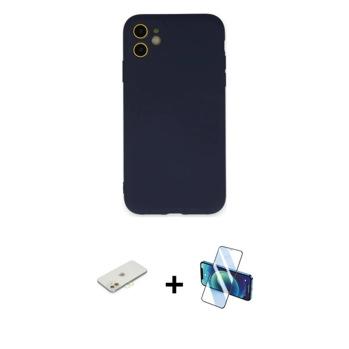 MARSİLYAN™- iPhone 11 Kılıf Ahenk Serisi - Siyah 3D Antistatik Seramik Nano Ekran Koruyucu + Renkli Kamera Lens Koruma Cam - TU