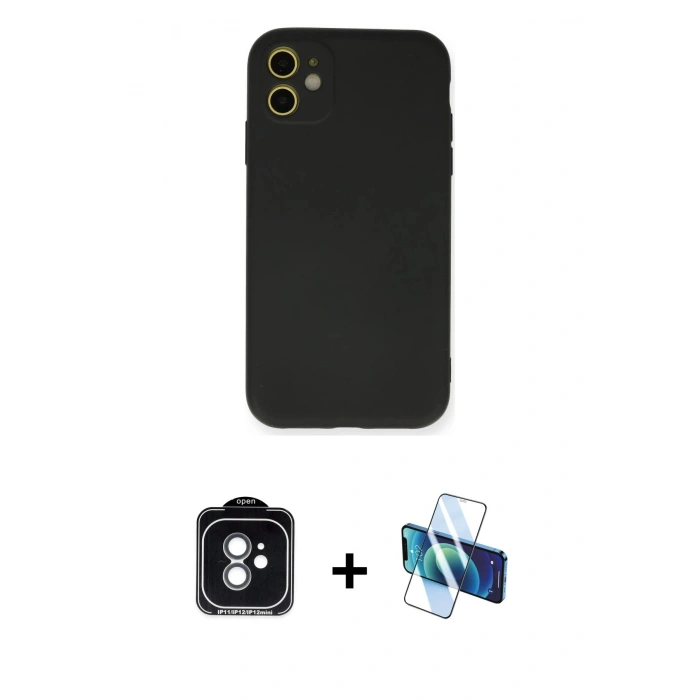 MARSİLYAN™- iPhone 11 Kılıf Ahenk Serisi - Siyah 3D Antistatik Seramik Nano Ekran Koruyucu + PVD Metal Kamera Lens - YL