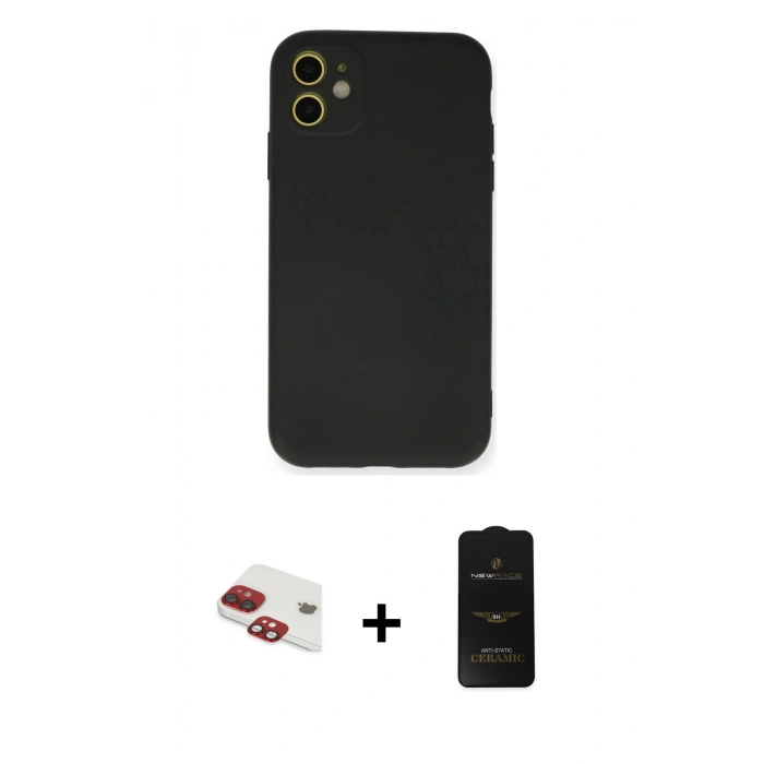MARSİLYAN™- iPhone 11 Kılıf Ahenk Serisi - Siyah 6D Antistatik Mat Seramik Hayalet Nano Ekran Koruyucu + Pers Alüminyum Kamera Lens - KI