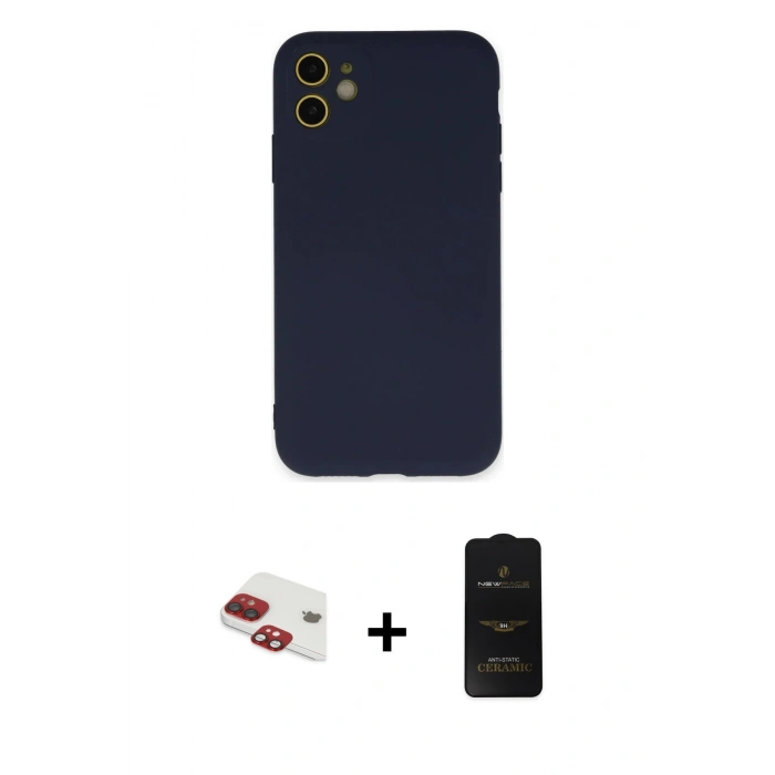 MARSİLYAN™- iPhone 11 Kılıf Ahenk Serisi - Siyah 6D Antistatik Mat Seramik Hayalet Nano Ekran Koruyucu + Pers Alüminyum Kamera Lens - KI