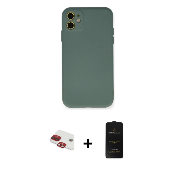 MARSİLYAN™- iPhone 11 Kılıf Ahenk Serisi - Siyah 6D Antistatik Mat Seramik Hayalet Nano Ekran Koruyucu + Pers Alüminyum Kamera Lens - KI