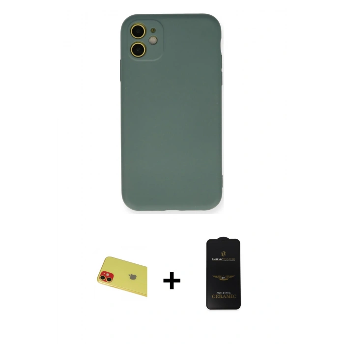 MARSİLYAN™- iPhone 11 Kılıf Ahenk Serisi - Siyah 6D Antistatik Mat Seramik Hayalet Nano Ekran Koruyucu + Rainbow Kamera Lens Koruma Cam - KI