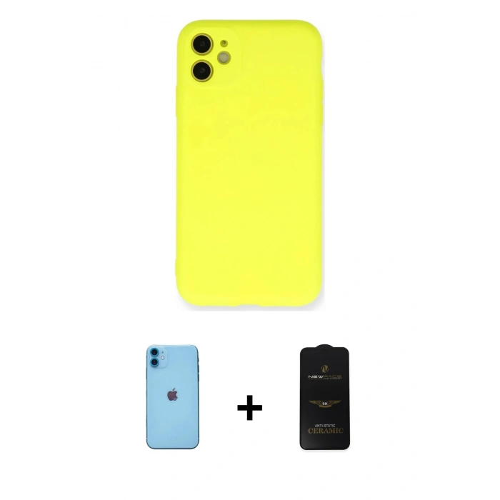 MARSİLYAN™- iPhone 11 Kılıf Ahenk Serisi - Siyah 6D Antistatik Mat Seramik Hayalet Nano Ekran Koruyucu + Neon Fosforlu Kamera Lens - MI