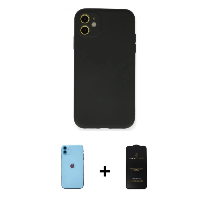 MARSİLYAN™- iPhone 11 Kılıf Ahenk Serisi - Siyah 6D Antistatik Mat Seramik Hayalet Nano Ekran Koruyucu + Neon Fosforlu Kamera Lens - MI
