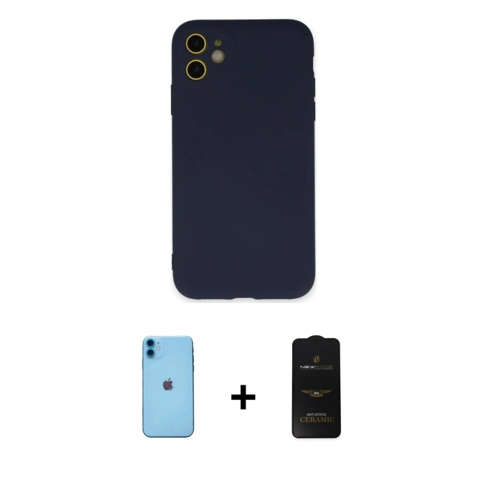 MARSİLYAN™- iPhone 11 Kılıf Ahenk Serisi - Siyah 6D Antistatik Mat Seramik Hayalet Nano Ekran Koruyucu + Neon Fosforlu Kamera Lens - MI