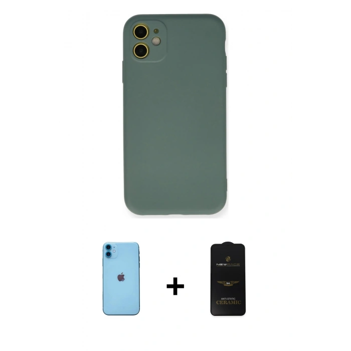 MARSİLYAN™- iPhone 11 Kılıf Ahenk Serisi - Siyah 6D Antistatik Mat Seramik Hayalet Nano Ekran Koruyucu + Neon Fosforlu Kamera Lens - MI